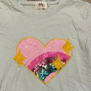 Lola + The Boys Light Blue Tee with Sequin Heart and Rainbow